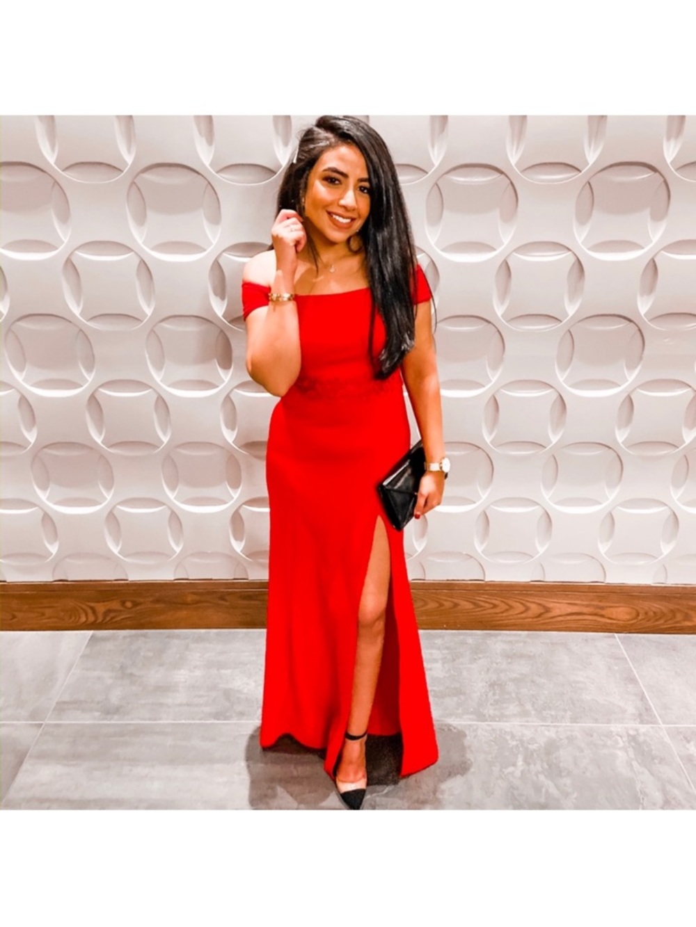 Macy's Red Off-Shoulder Slit Evening Gown